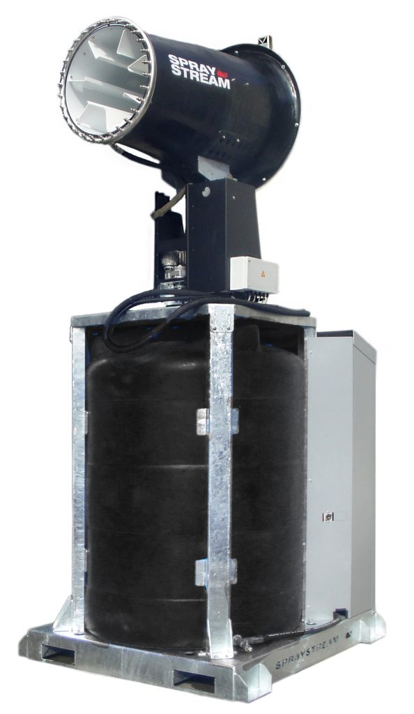 Brumisateur S7.5 VERTICAL TANK Spraystream pour abattage poussières et traitement d'odeur, d'une portée de 55 à 65 m en application extérieur. Equipement 100% autonome en électricité et en eau. 