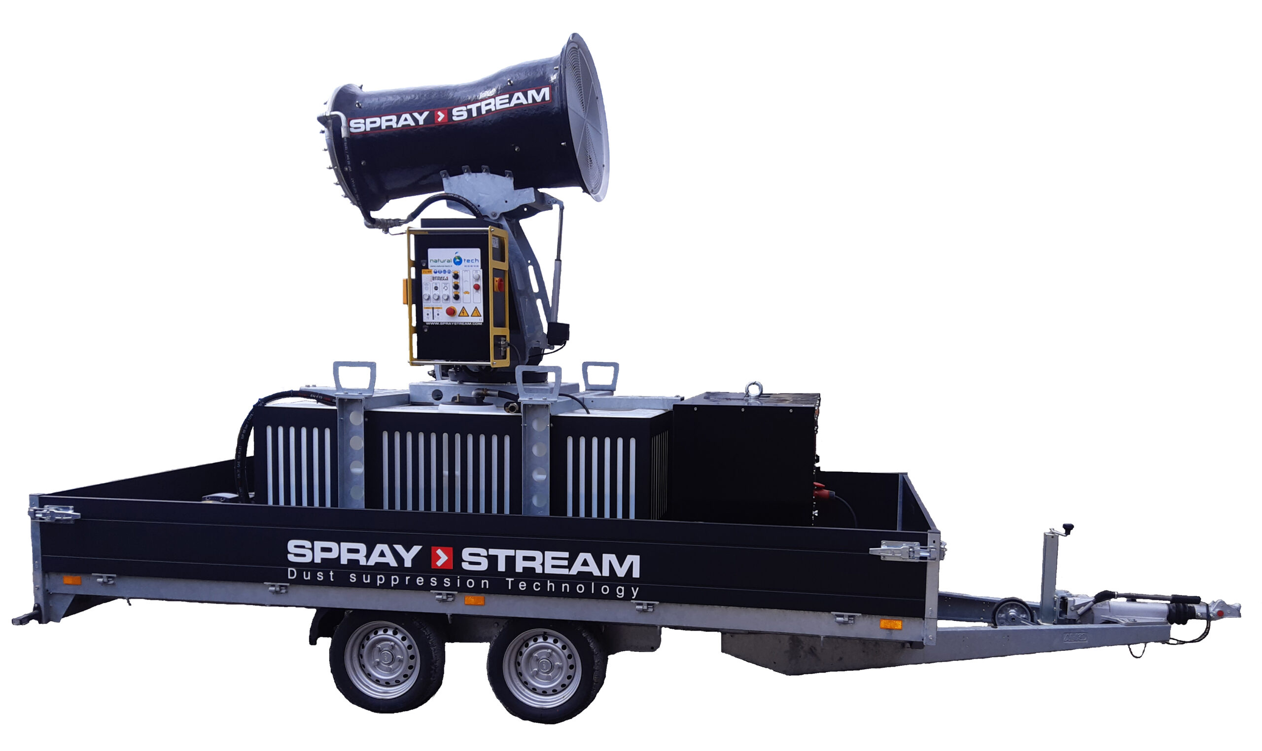 Brumisateur S4.0 AUTONOME Spraystream pour abattage poussières et traitement d'odeur, d'une portée de 35 à 40 m en application extérieur. Equipement 100% autonome et indépendant en eau et en électricité, sur remorque. 