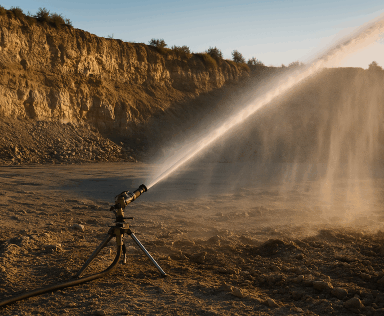 Arroseur de carrière en fonctionnement, projetant un jet d'eau puissant pour contrôler la poussière dans une carrière sous un ciel dégagé.
