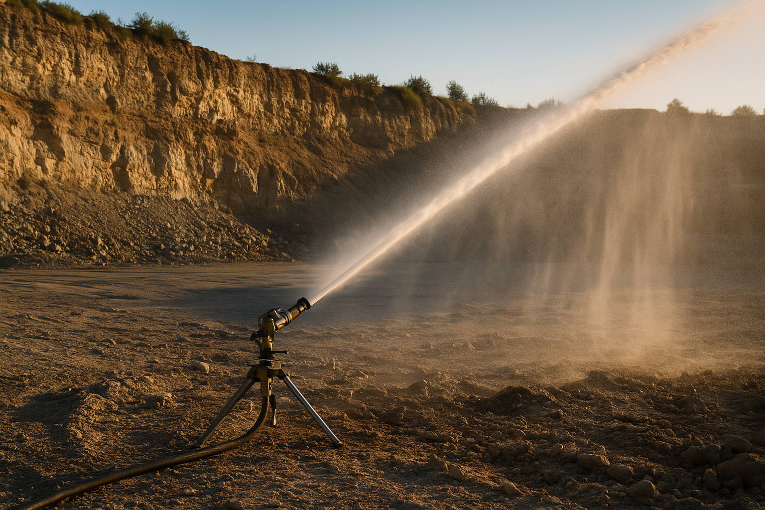 Arroseur de carrière en fonctionnement, projetant un jet d'eau puissant pour contrôler la poussière dans une carrière sous un ciel dégagé.