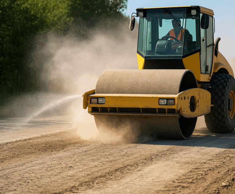 Réduction efficace de la poussière de piste sur les chantiers grâce à des solutions de brumisation et d'arrosage adaptées.